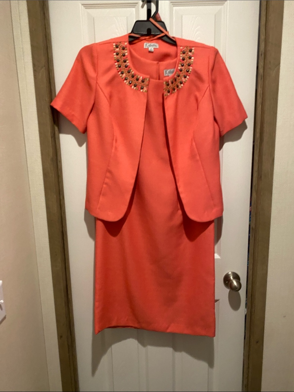 Embellished Coral Pencil Dress with Short Jacket - Classic Women's Set